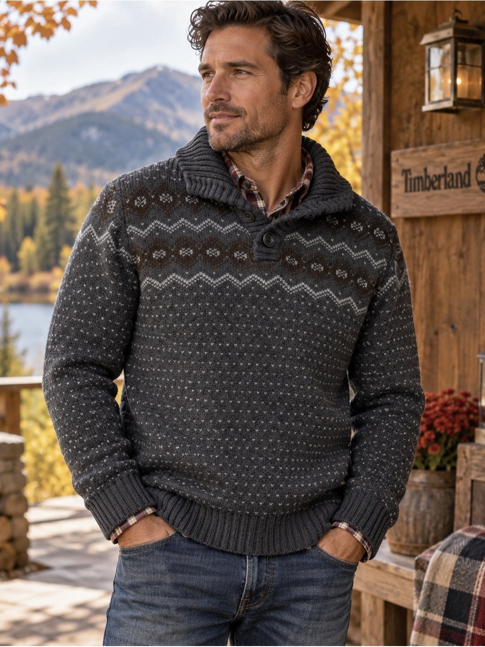 Timberland Men’s Fair Isle Shawl Collar Knit Sweater Gray